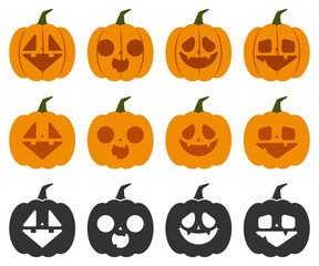 Halloween pumpkins with cute faces vector set isolated on a white background.