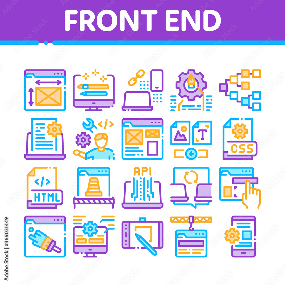 Wall mural Front End Development Collection Icons Set Vector. Front End It Sphere, Html And Css Code, Internet Web Site Design And Painting Concept Linear Pictograms. Color Contour Illustrations