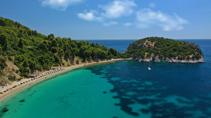 Naklejka premium Aerial drone photo of beautiful turquoise sandy beaches of Stafilos and Velanio, Skopleos island, Sporades, Greece 