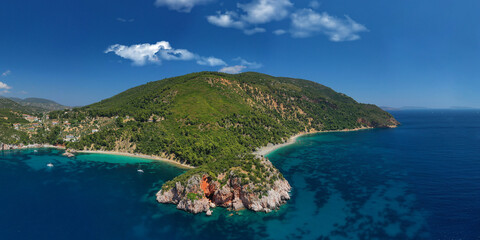 Fototapeta premium Aerial drone photo of beautiful turquoise sandy beaches of Stafilos and Velanio, Skopleos island, Sporades, Greece 