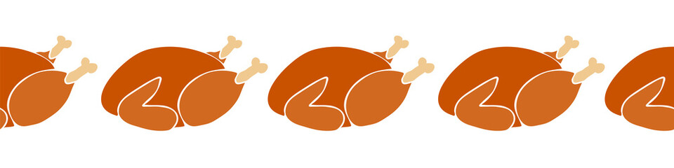 Thanksgiving Roasted turkey seamless horizontal vector border. Thanksgiving Food border repeating. For greeting cards, footer, header, invite, ribbon, fabric trim, Christmas