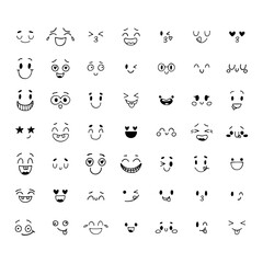 Big set of only happy emojis. Hand drawn funny characters. Sketched facial expressions set. Happy kawaii style