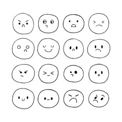 Happy hand drawn funny smiley faces. Sketched facial expressions set. Collection of cartoon emotional characters. Kawaii style. Emoji icons