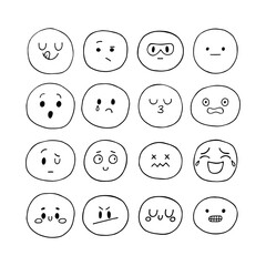 Fototapeta premium Happy hand drawn funny smiley faces. Sketched facial expressions set. Kawaii style. Collection of cartoon emotional characters. Emoji icons