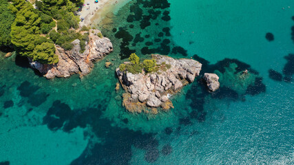 Aerial drone photo of beautiful turquoise sandy beaches of Stafilos and Velanio, Skopleos island, Sporades, Greece 