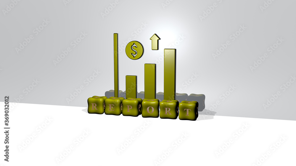 Poster 3d representation of report with icon on the wall and text arranged by metallic cubic letters on a m