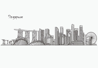 Singapore detailed skyline. Singapore in sketch style. Famous Singapore monuments. Vector illustration - obrazy, fototapety, plakaty
