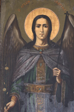 7/3/2020 Greece, Larissa city.
 Archangel Gabriel, a unique icon of 1920, Russian style. It is located in a Greek chapel
