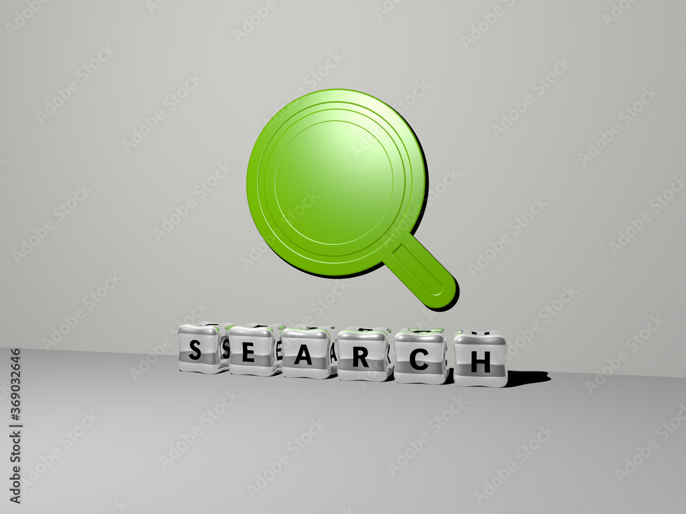 Poster 3d representation of search with icon on the wall and text arranged by metallic cubic letters on a m