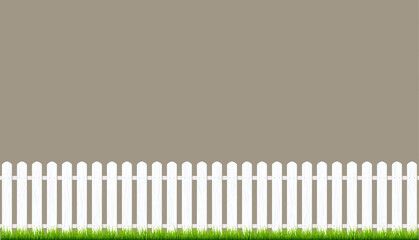 White fence with grass. Wooden picket background isolated farm garden barier illustration