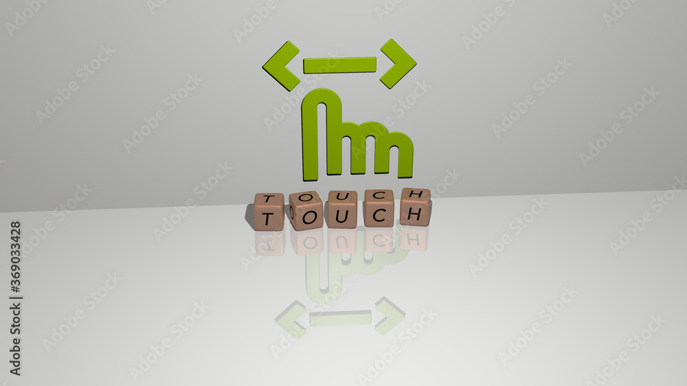 Poster 3D representation of touch with icon on the wall and text arranged by metallic cubic letters on a mirror floor for concept meaning and slideshow presentation. screen and illustration