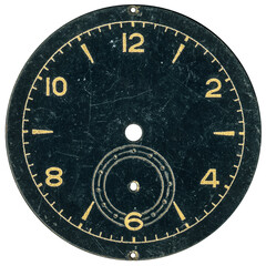 Fototapeta premium Vintage clock face - cracked and dirty black dial with golden numbers - isolated on white