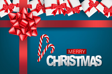 Christmas banner. Merry Xmas holiday background design. Candy cane, white gift boxes with red bows, and lettering. 3d realistic vector illustation.