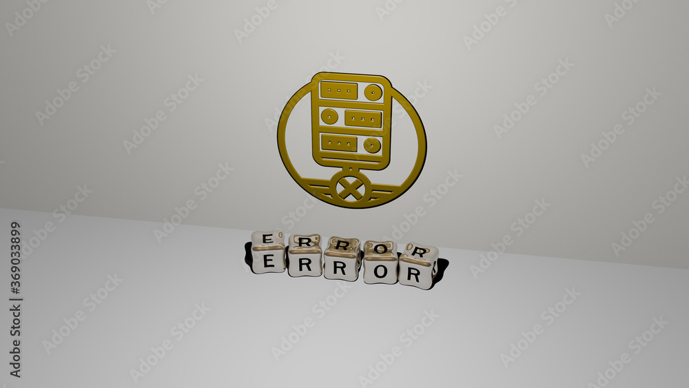 Poster 3d representation of error with icon on the wall and text arranged by metallic cubic letters on a mi