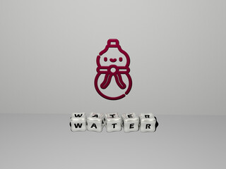 3D representation of water with icon on the wall and text arranged by metallic cubic letters on a mirror floor for concept meaning and slideshow presentation. background and blue