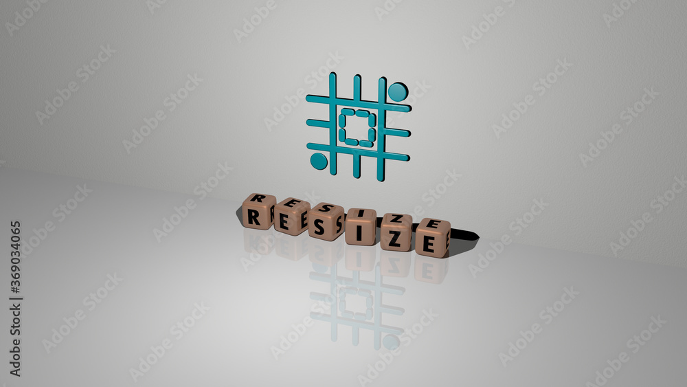 Poster 3d graphical image of resize vertically along with text built by metallic cubic letters from the top