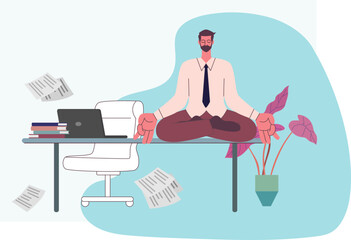 Businessman meditating in yoga relax lotus position, in office. Vector flat design illustrations isolated on white background.