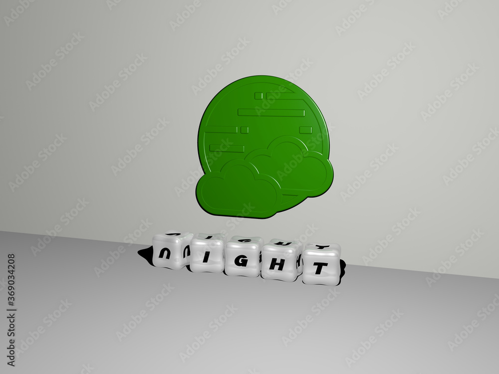 Poster 3d representation of night with icon on the wall and text arranged by metallic cubic letters on a mi
