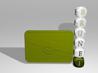 3D representation of brunei with icon on the wall and text arranged by metallic cubic letters on a mirror floor for concept meaning and slideshow presentation. illustration and asia