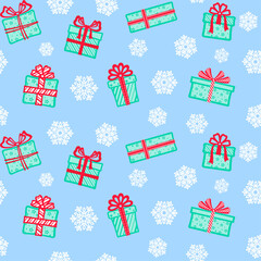 Different turquoise gift boxes with red ribbons and bows on a blue background with white openwork snowflakes. Vector seamless pattern for festive design, Christmas wallpaper, banner, packaging, print