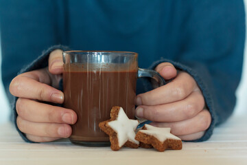 Girl hands holding a cup of hot chocolate with cookies on the side