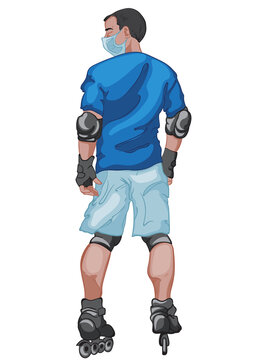 Black haired man dressed in blue t-shirt and shorts wearing a surgical mask while he is rollerblading
