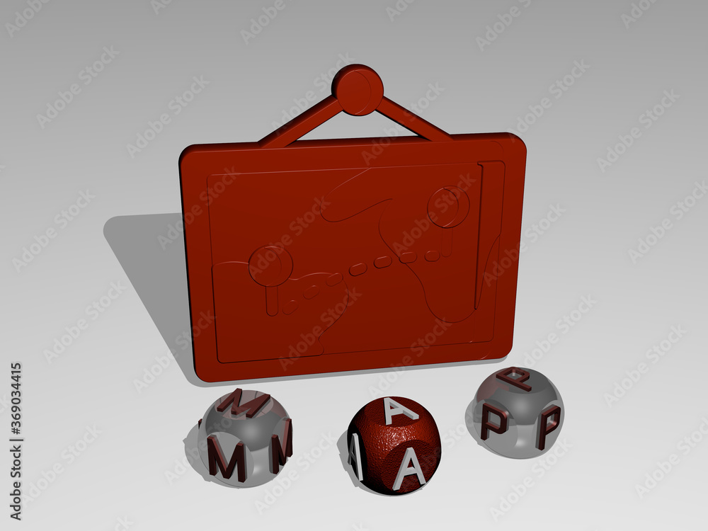 Poster 3d illustration of map graphics and text around the icon made by metallic dice letters for the relat