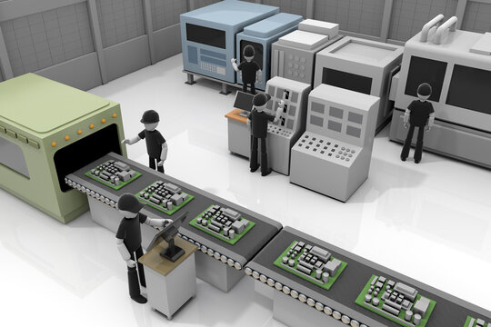 A person who works in a factory. Operate the machine. Make a precision machine. 3D illustration