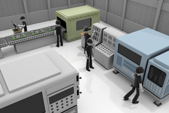 A person who works in a factory. Operate the machine. Make a precision machine. 3D illustration