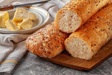 Fresh bread with sesame seeds, seeds and oatmeal on the table
