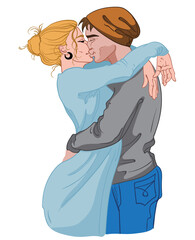 Young blonde woman dressed in blue dress kissing with a man in gray sweater, blue jeans and brown hat