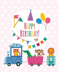 Children birthday card with animals riding train vector illustration isolated.