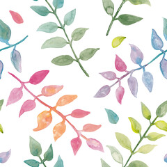 Neon colors plants with leaves watercolor painting - hand drawn seamless pattern on white background