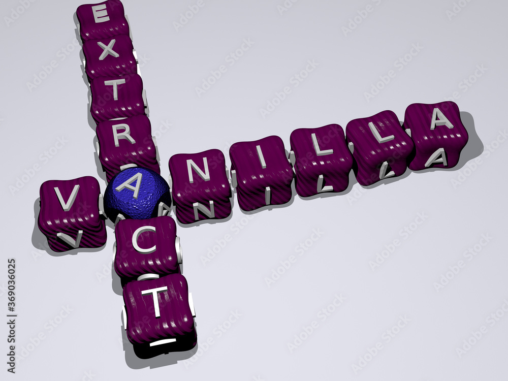 Poster vanilla extract combined by dice letters and color crossing for the related meanings of the concept.