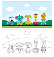 Cute cartoon animal train in colorful and colorless form - elephant, lion, zebra