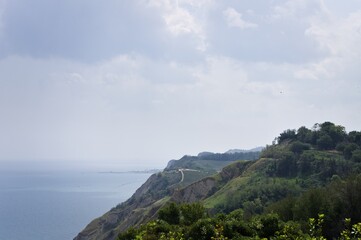 Panoramic view of 'Monte San Bartolo National Park' with vineyards above Adriatic sea (Pesaro, Marche, Italy, Europe)