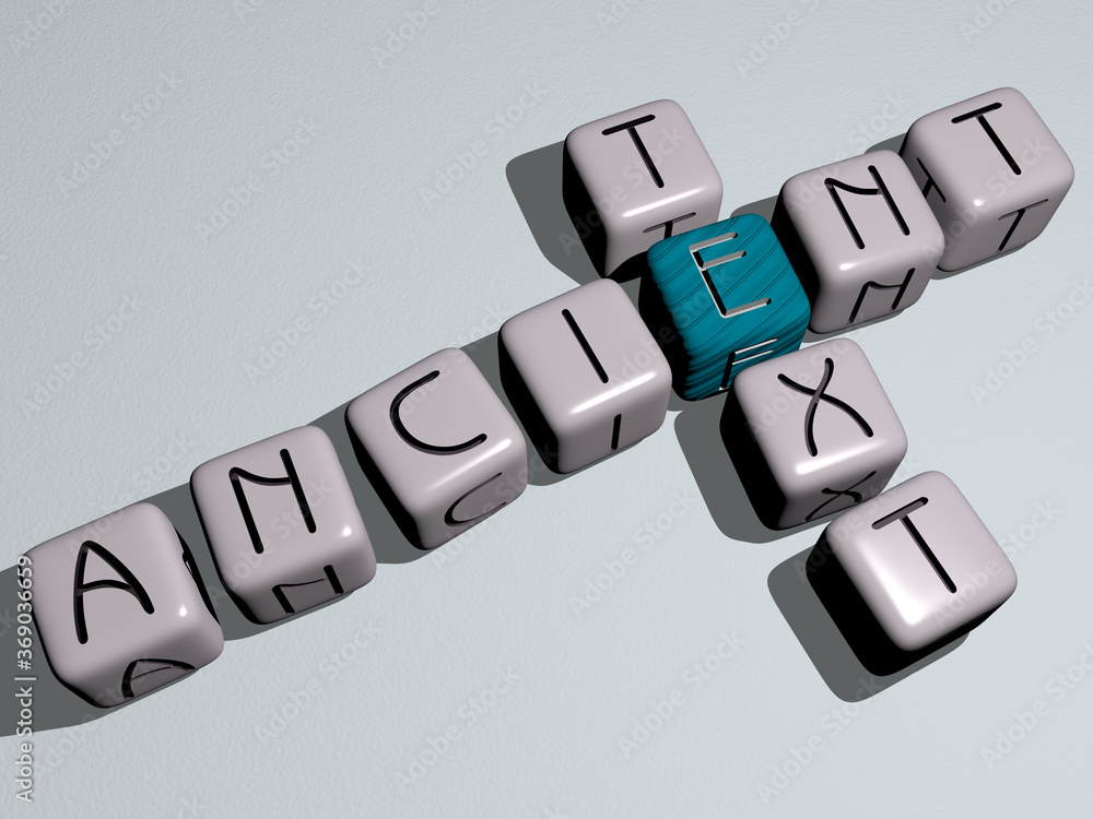 Poster crosswords of ancient text arranged by cubic letters on a mirror floor, concept meaning and presenta