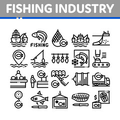 Fototapeta na wymiar Fishing Industry Business Process Icons Set Vector. Fishing Industry Processing, Boat With Catch, Fish Drying And Froze, Factory Conveyor Concept Linear Pictograms. Monochrome Contour Illustrations