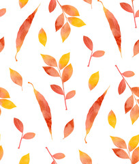 Watercolor seamless pattern with autumn leaves. Hand drawn silhouette of willow and ash leaves with watercolor fill  on white background. For wrapping, fabric, wallpaper. © Olga Miraniuk
