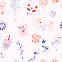 Seamless pattern with Japanese objects: koi fish, crane, sun, maneki neko, drama doll, origami, bamboo, bubble tea, dragon, sakura. Editable vector illustration