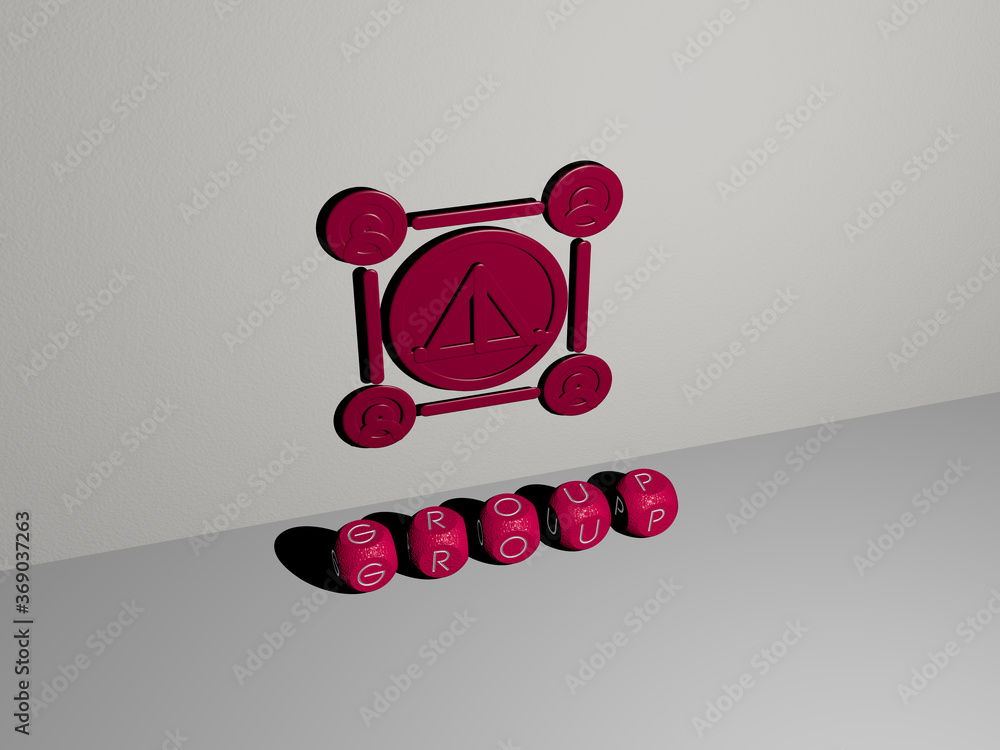 Poster 3d representation of group with icon on the wall and text arranged by metallic cubic letters on a mi