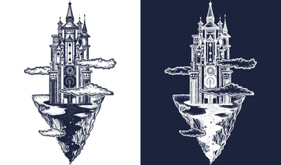 Medieval castle tattoo art. Ancient castle on the mountain. Symbol of the fairy tale, dream, magic. Medieval castle t-shirt design. Black and white vector graphics © intueri