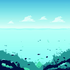 the depths of the ocean with clouds, on the seabed, under water. Fish, marine animals, seabed. Flat style. Vector