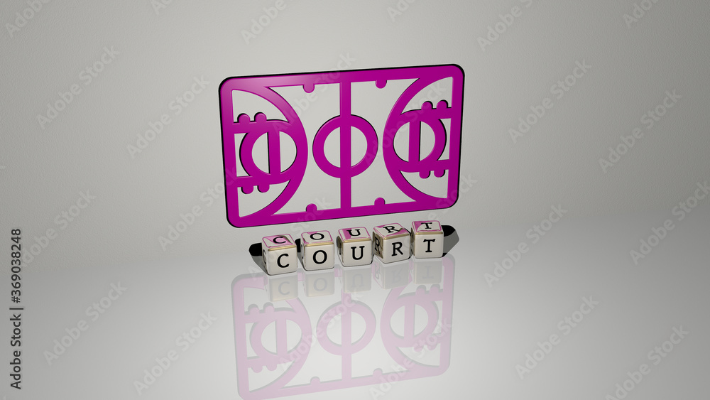 Poster 3d illustration of court graphics and text made by metallic dice letters for the related meanings of