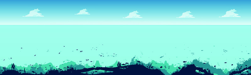 Obraz premium Fish and algae on the background of the reefs. Seascape with clouds. Panorama underwater ocean scene. Deep blue water, coral reef and underwater plants. beautiful underwater scene.