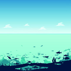 the depths of the ocean with clouds, on the seabed, under water. Fish, marine animals, seabed. Flat style. Vector
