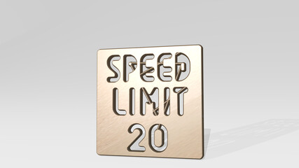 ROAD SIGN SPEED LIMIT made by 3D illustration of a shiny metallic sculpture casting shadow on light background. city and car