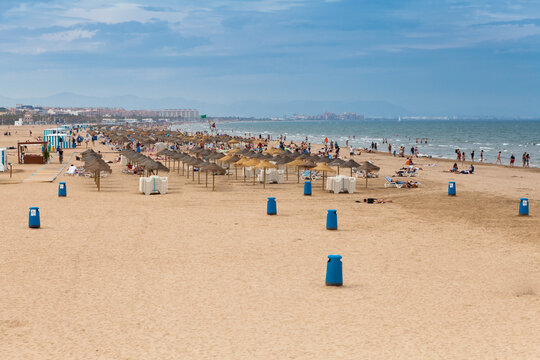 El Cabanyal, Malvarrosa beach at sunset, Valencia, Spain.