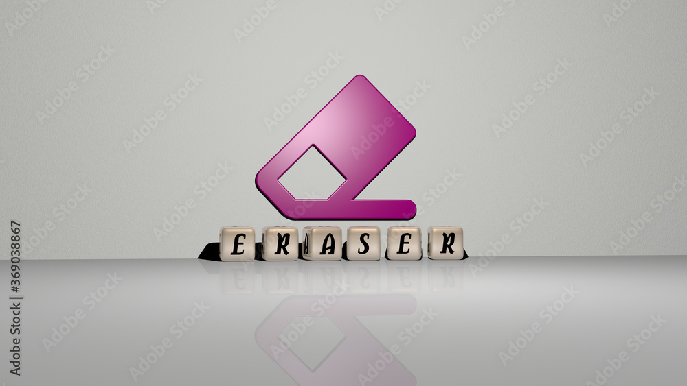 Aufkleber 3d graphical image of eraser vertically along with text built by metallic cubic letters from the top
