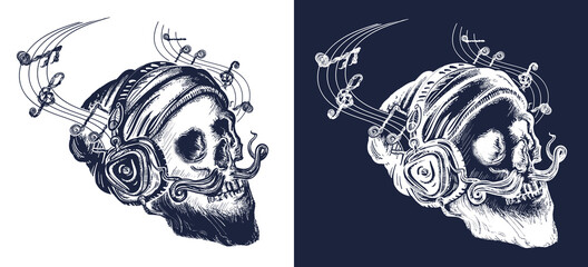 Skull of the bearded hipster in earphone listens to music tattoo and t-shirt design. Black and white vector graphics